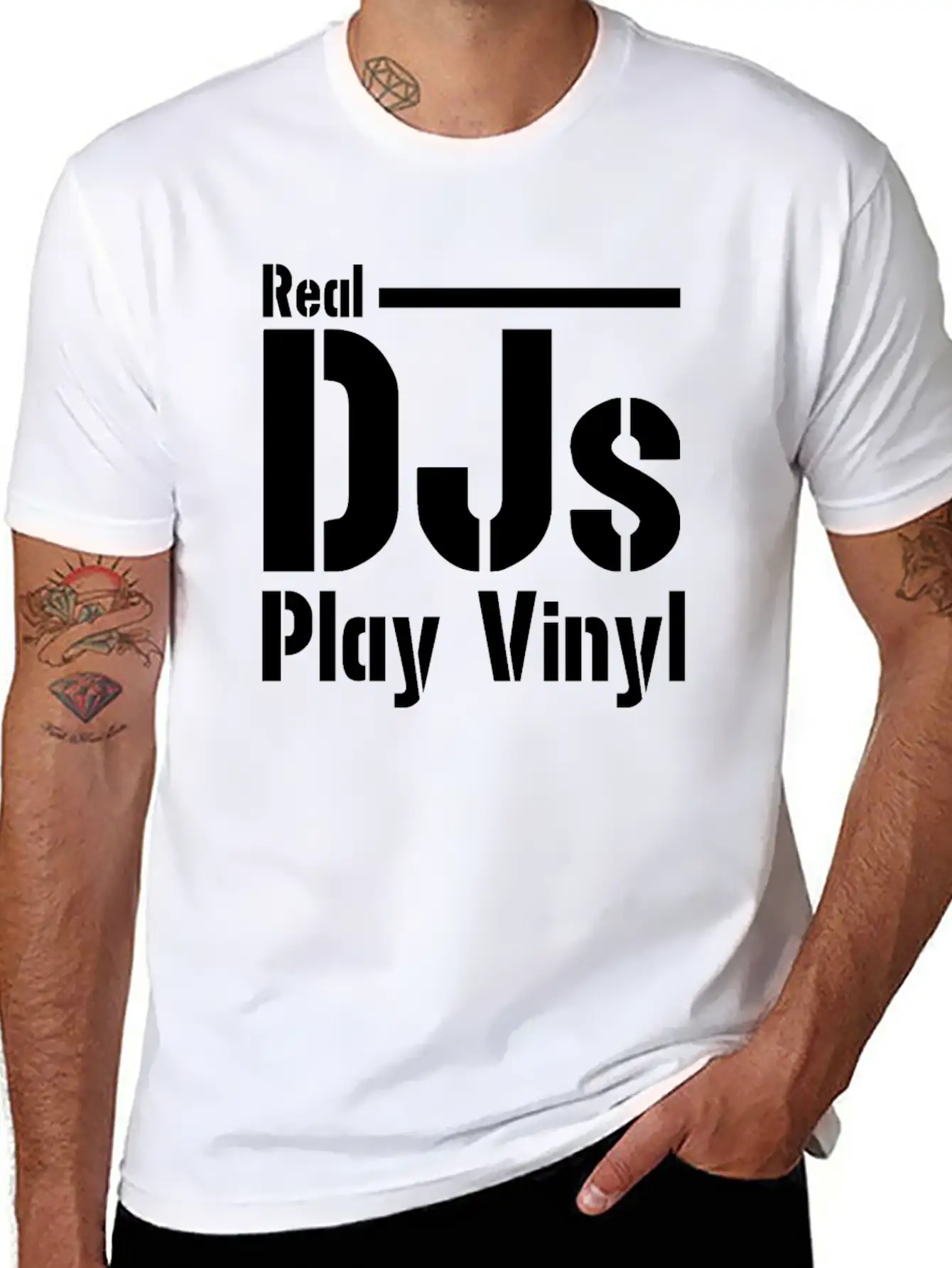 Real DJs Play Vinyl - Headset, Headphones, DJ, Equ Modern Fit Casual T-Shirt – Clean And Versatile Design