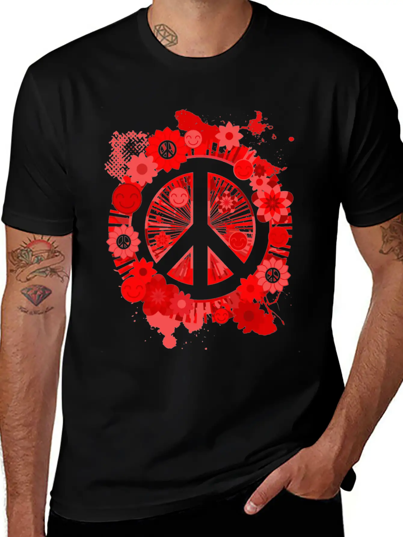 Red Peace Sign 70's Hippie Happiness Flowers Classic Fit Graphic Tee For Daily Comfort – Unisex Cotton Shirt