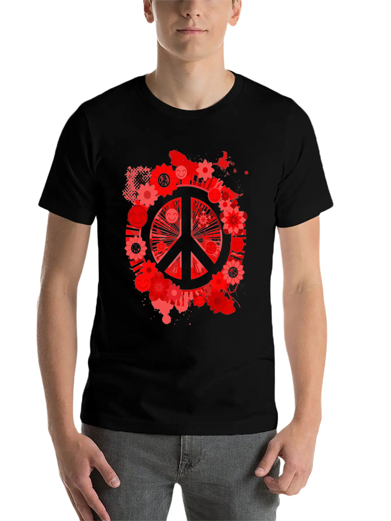 Red Peace Sign 70's Hippie Happiness Flowers Classic Fit Graphic Tee For Daily Comfort – Unisex Cotton Shirt