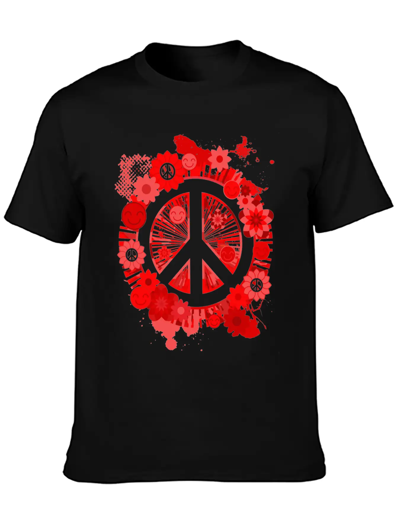 Red Peace Sign 70's Hippie Happiness Flowers Classic Fit Graphic Tee For Daily Comfort – Unisex Cotton Shirt