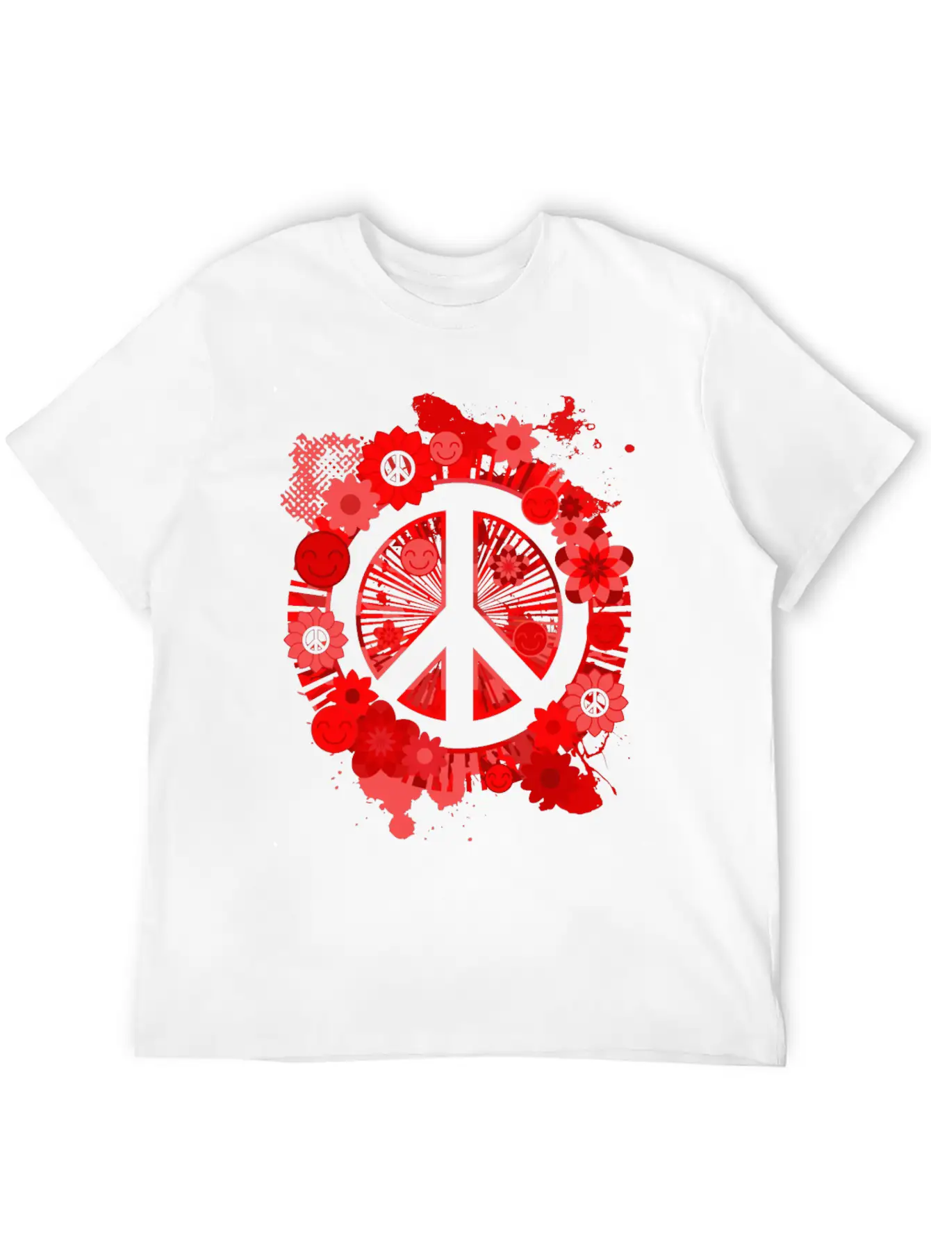 Red Peace Sign 70's Hippie Happiness Flowers Classic Fit Graphic Tee For Daily Comfort – Unisex Cotton Shirt