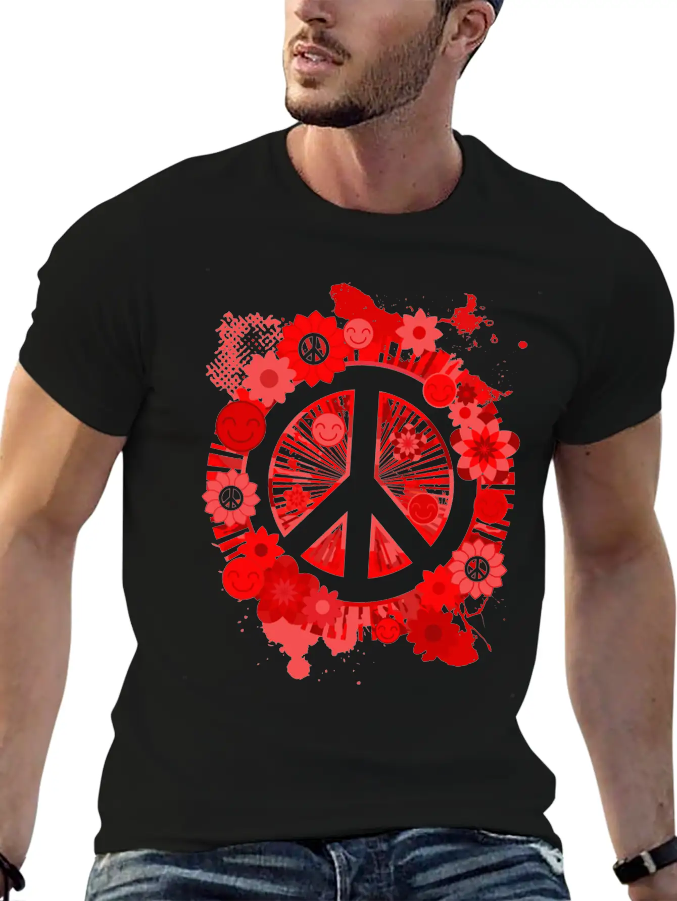 Red Peace Sign 70's Hippie Happiness Flowers Classic Fit Graphic Tee For Daily Comfort – Unisex Cotton Shirt