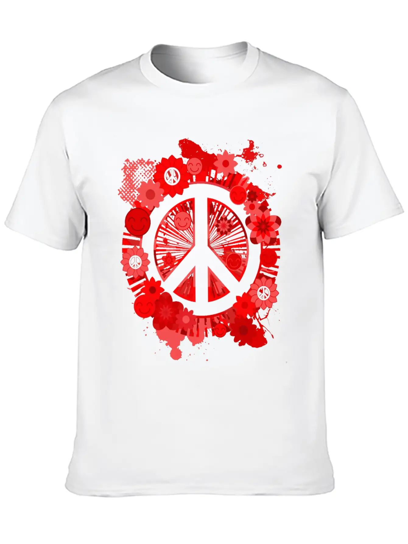 Red Peace Sign 70's Hippie Happiness Flowers Classic Fit Graphic Tee For Daily Comfort – Unisex Cotton Shirt