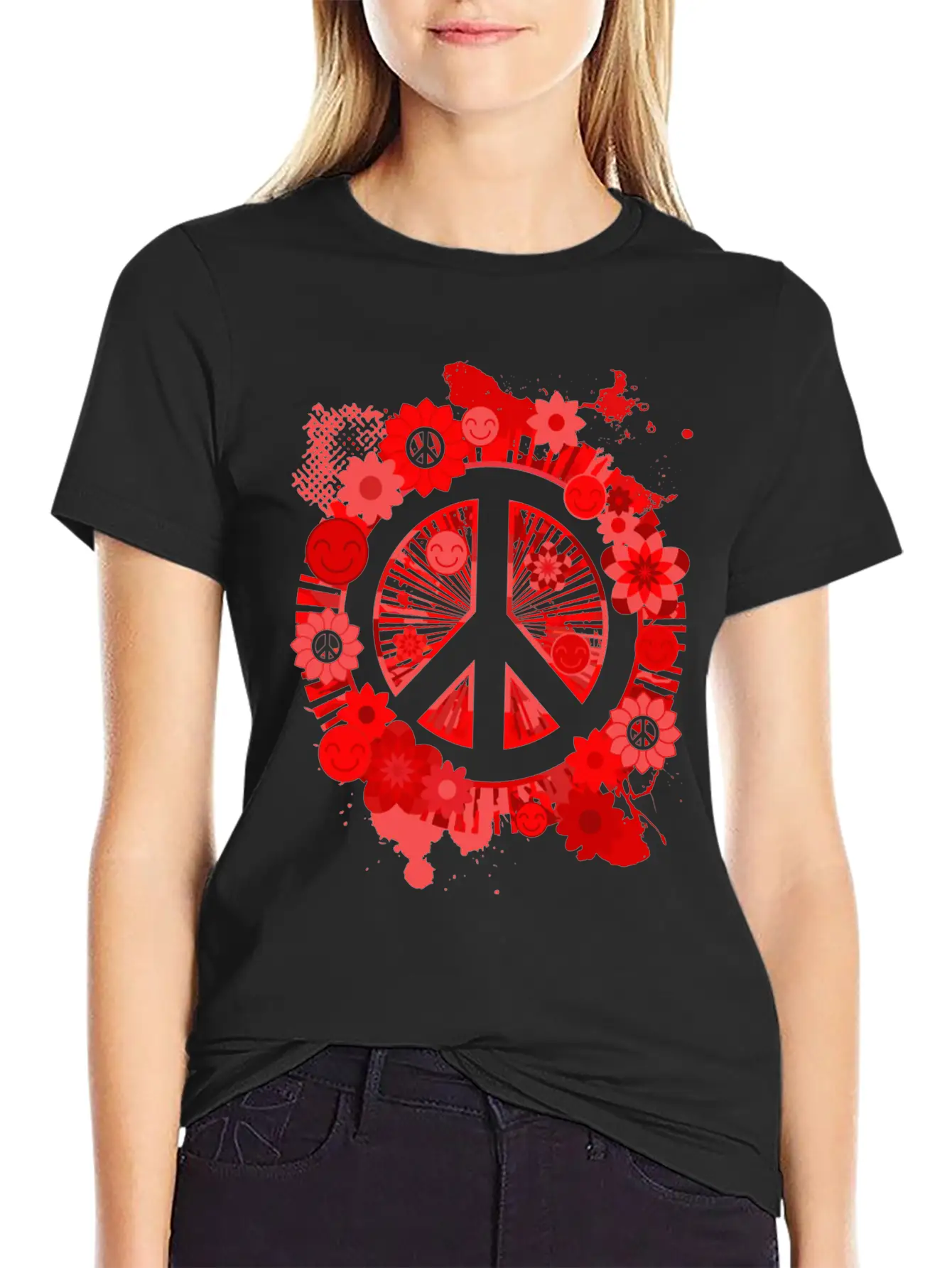 Red Peace Sign 70's Hippie Happiness Flowers Classic Fit Graphic Tee For Daily Comfort – Unisex Cotton Shirt