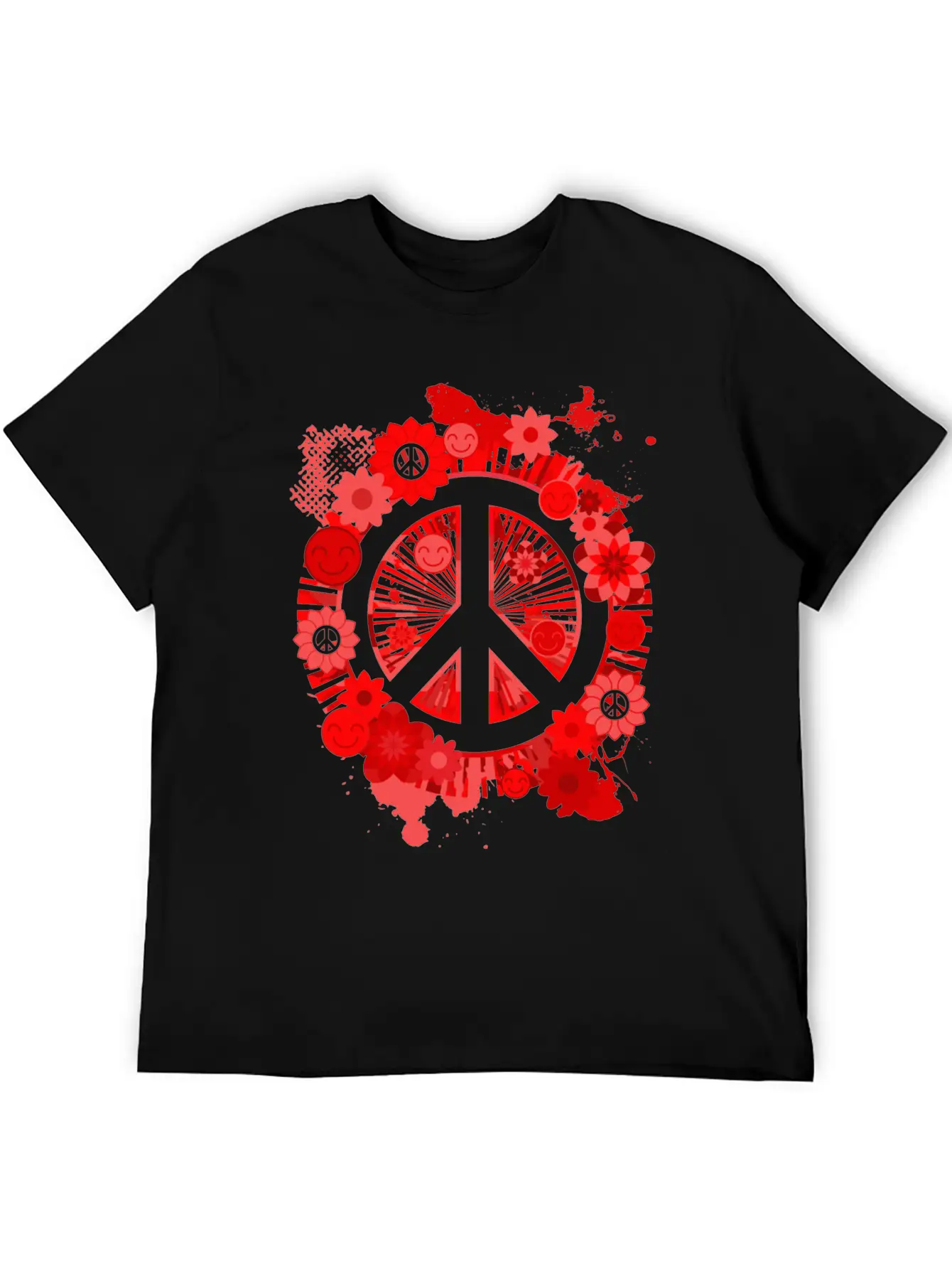 Red Peace Sign 70's Hippie Happiness Flowers Classic Fit Graphic Tee For Daily Comfort – Unisex Cotton Shirt