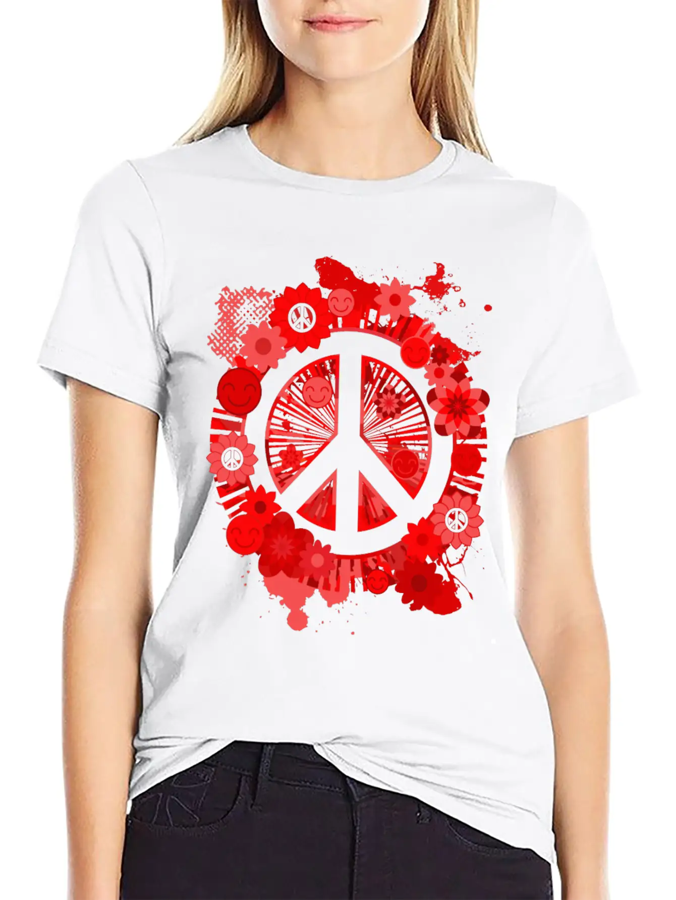Red Peace Sign 70's Hippie Happiness Flowers Classic Fit Graphic Tee For Daily Comfort – Unisex Cotton Shirt