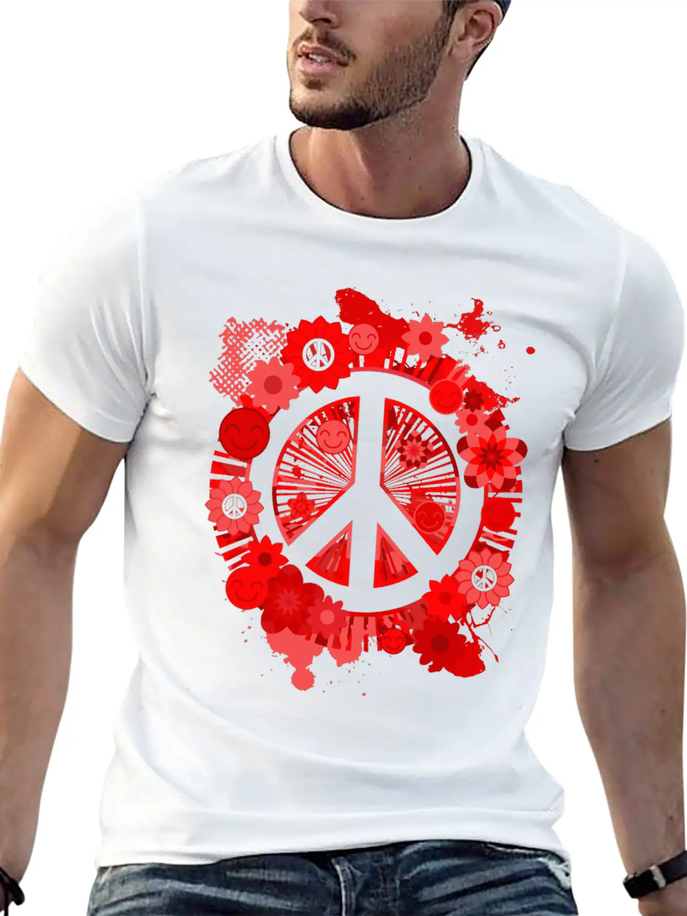 Red Peace Sign 70's Hippie Happiness Flowers Classic Fit Graphic Tee For Daily Comfort – Unisex Cotton Shirt
