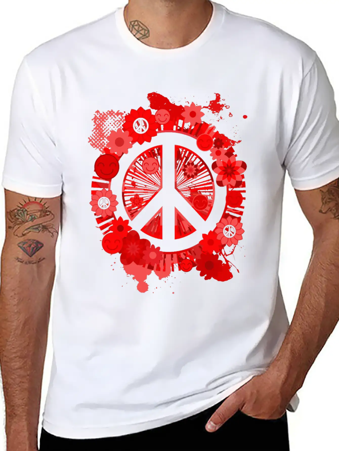 Red Peace Sign 70's Hippie Happiness Flowers Classic Fit Graphic Tee For Daily Comfort – Unisex Cotton Shirt