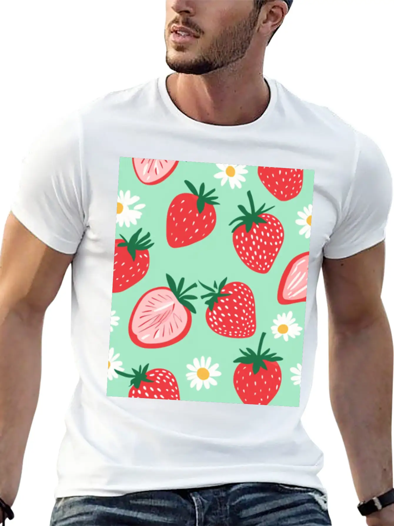 Red Strawberries &Daisies Pattern Phone Case Cover Essential Cotton Tee For Daily Outfits – Unisex Style