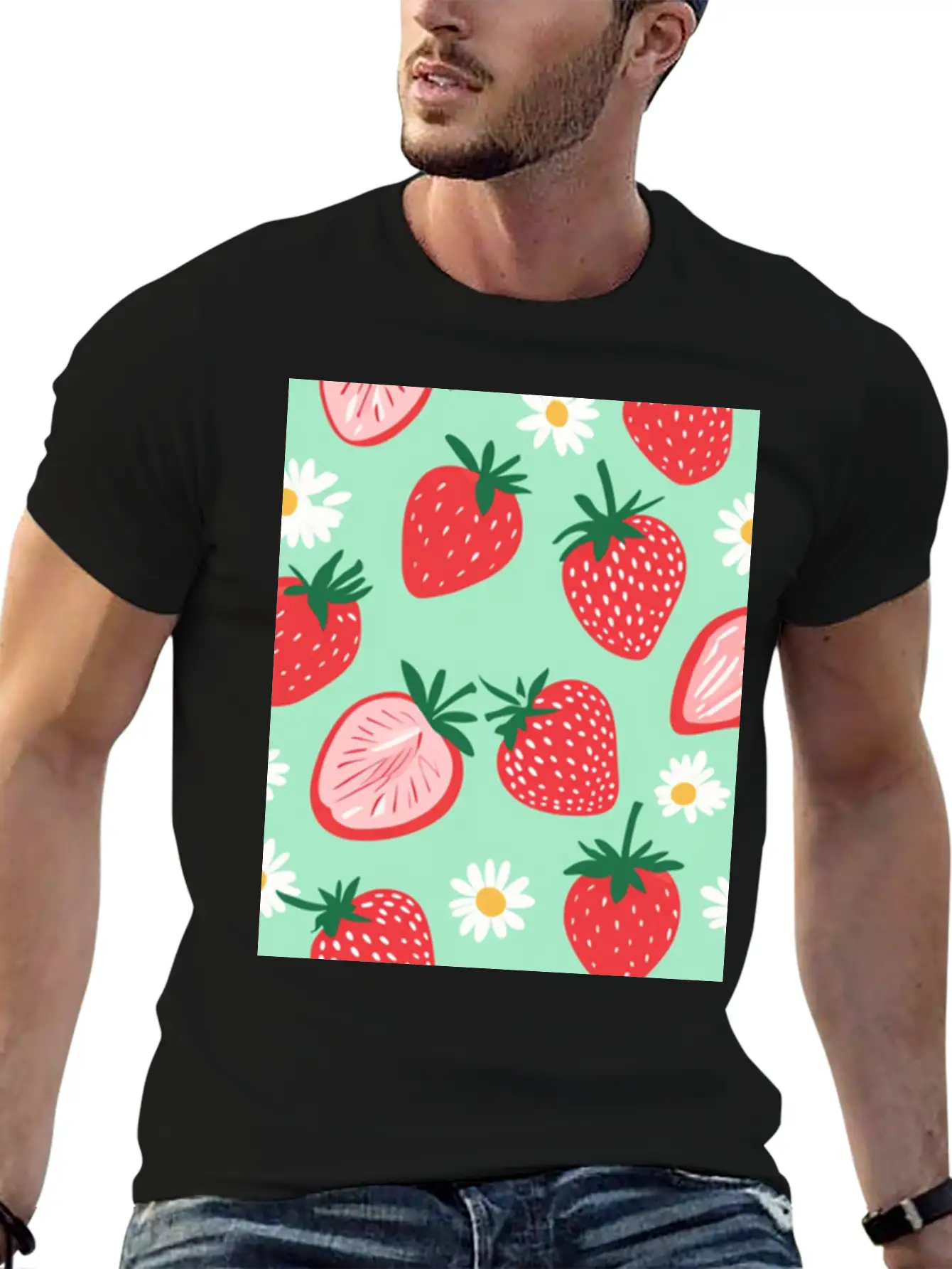 Red Strawberries &Daisies Pattern Phone Case Cover Essential Cotton Tee For Daily Outfits – Unisex Style