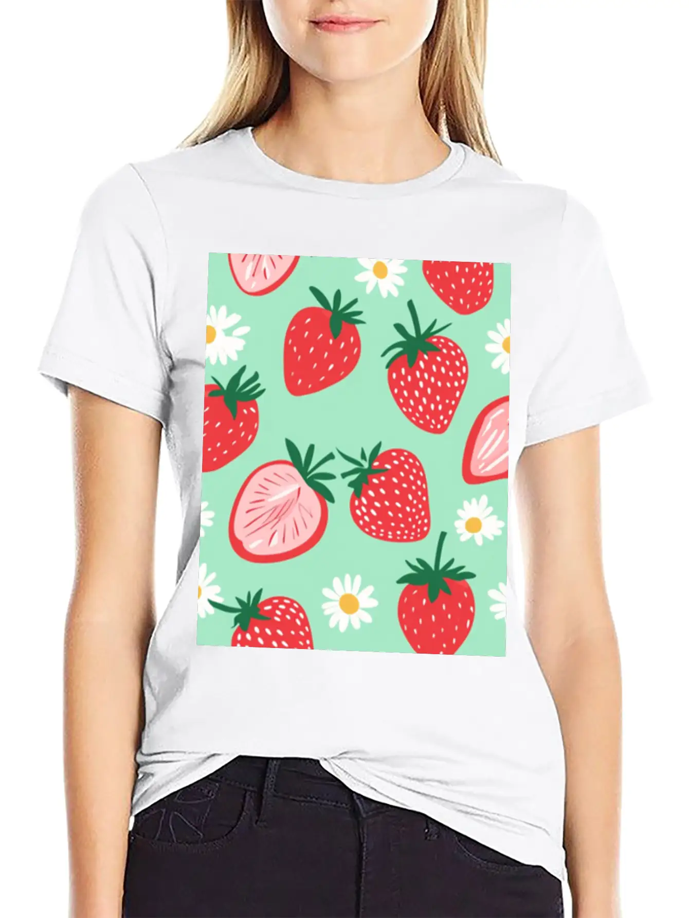 Red Strawberries &Daisies Pattern Phone Case Cover Essential Cotton Tee For Daily Outfits – Unisex Style