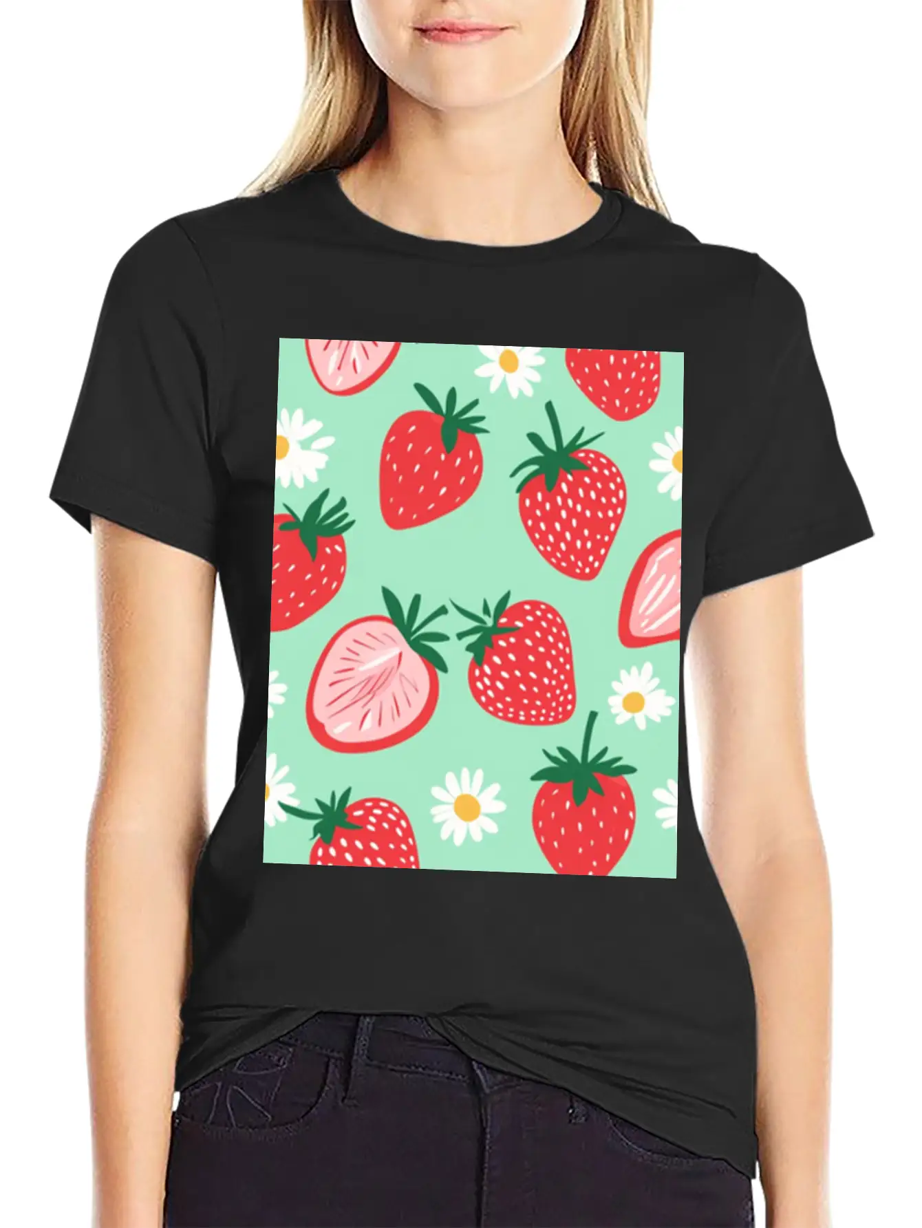 Red Strawberries &Daisies Pattern Phone Case Cover Essential Cotton Tee For Daily Outfits – Unisex Style