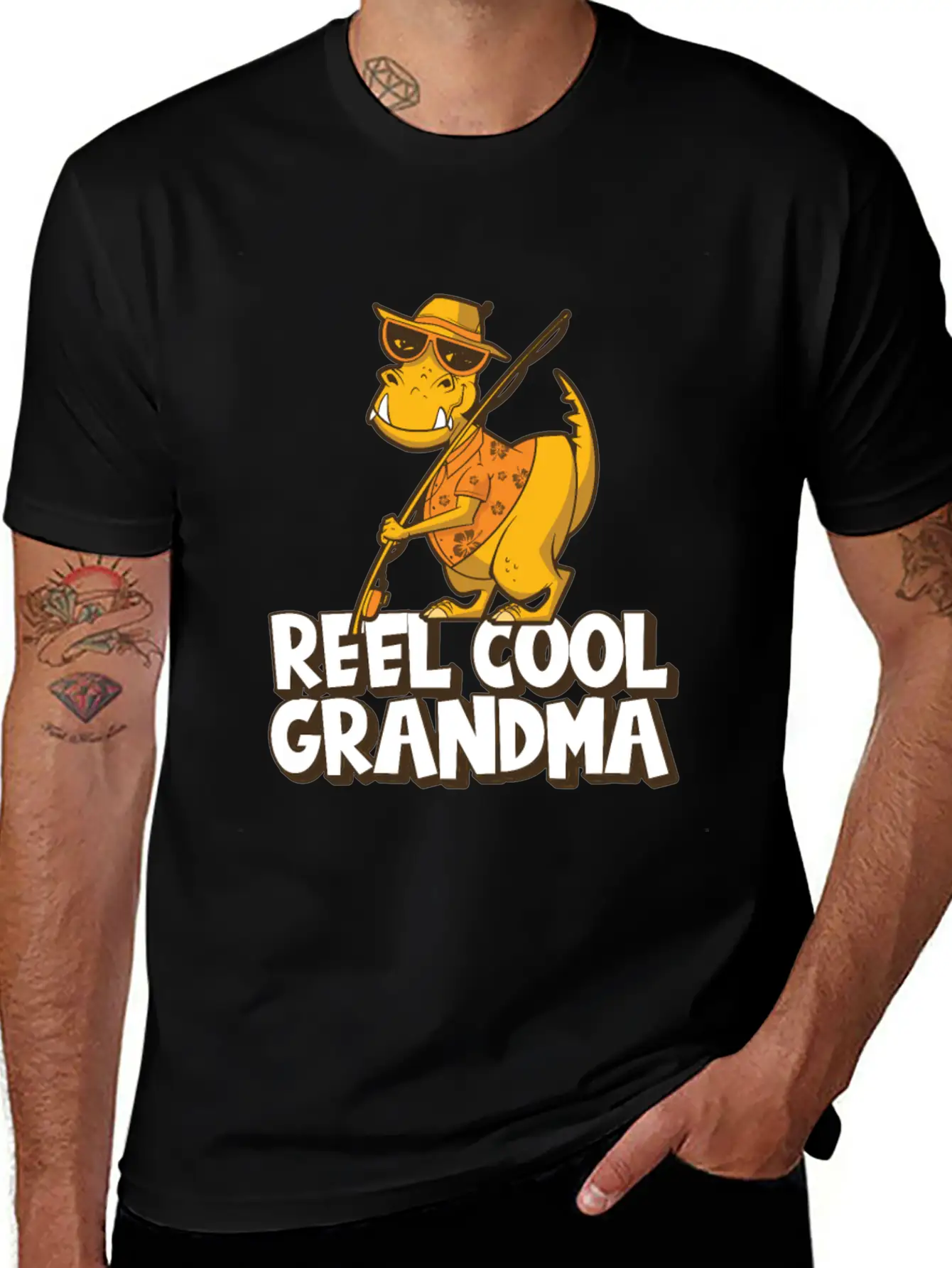 Reel Cool Grandma Grandchildren T Rex Fishing Boat Soft Cotton Short Sleeve Tee – Unisex Wardrobe Staple
