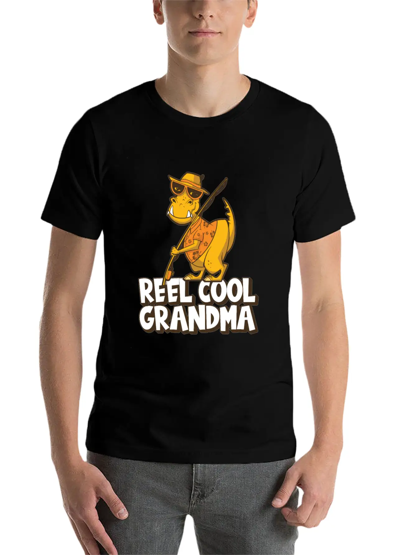 Reel Cool Grandma Grandchildren T Rex Fishing Boat Soft Cotton Short Sleeve Tee – Unisex Wardrobe Staple