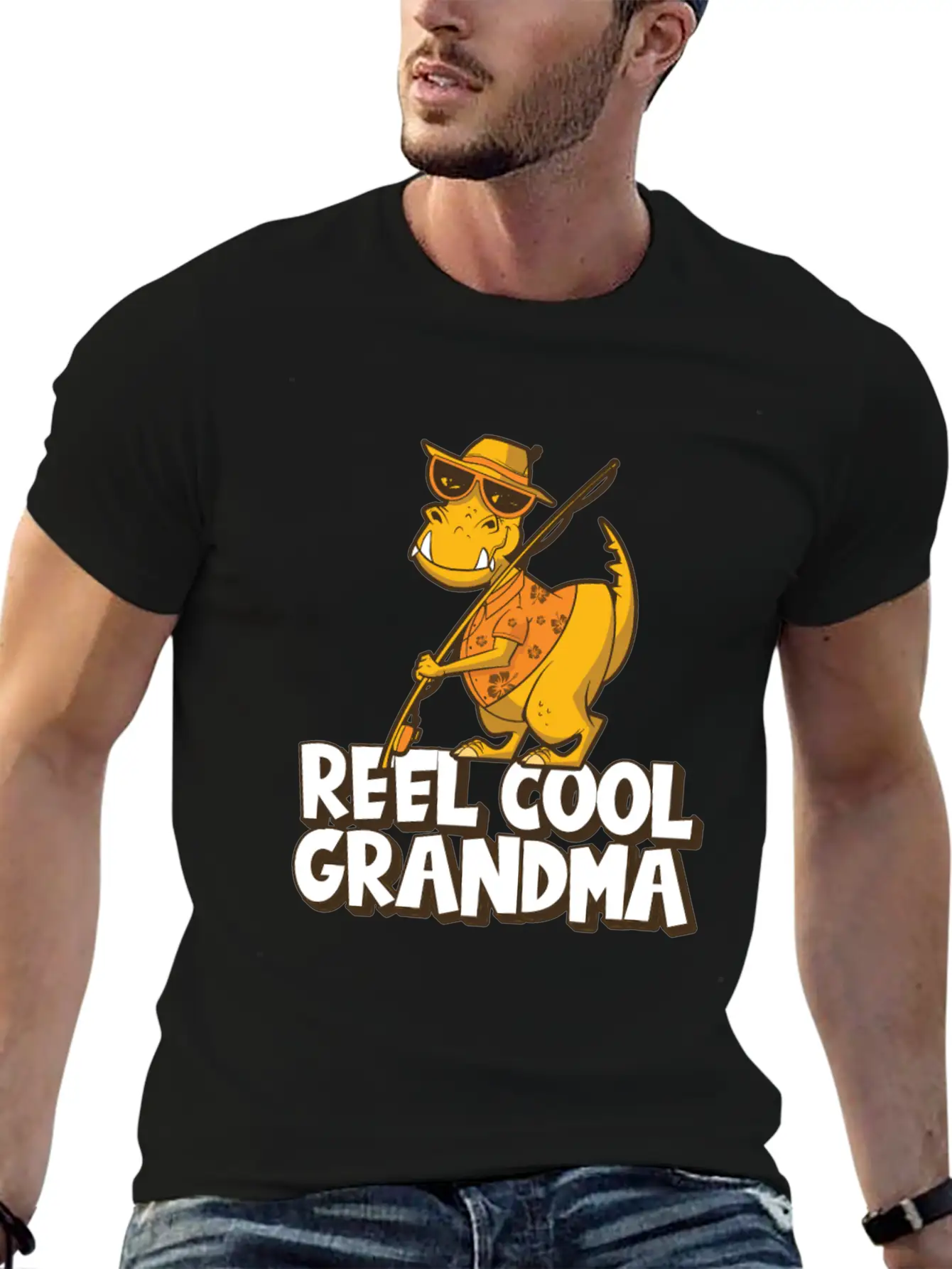 Reel Cool Grandma Grandchildren T Rex Fishing Boat Soft Cotton Short Sleeve Tee – Unisex Wardrobe Staple