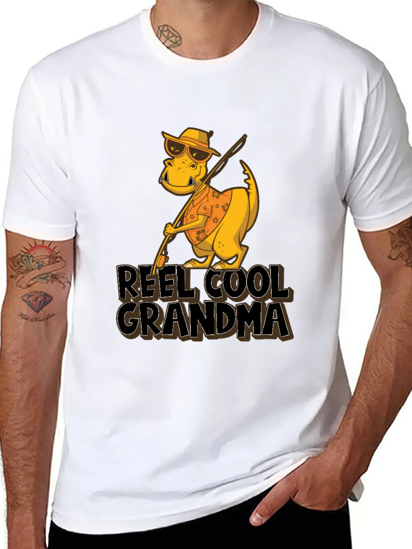 Reel Cool Grandma Grandchildren T Rex Fishing Boat Soft Cotton Short Sleeve Tee – Unisex Wardrobe Staple