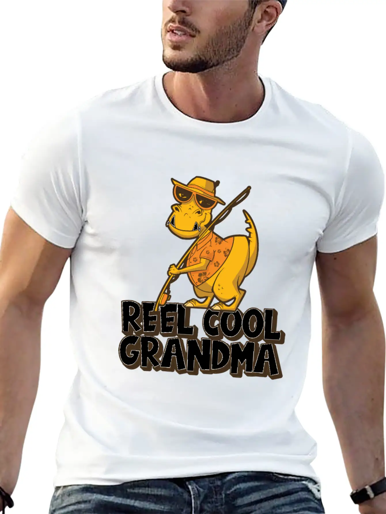 Reel Cool Grandma Grandchildren T Rex Fishing Boat Soft Cotton Short Sleeve Tee – Unisex Wardrobe Staple