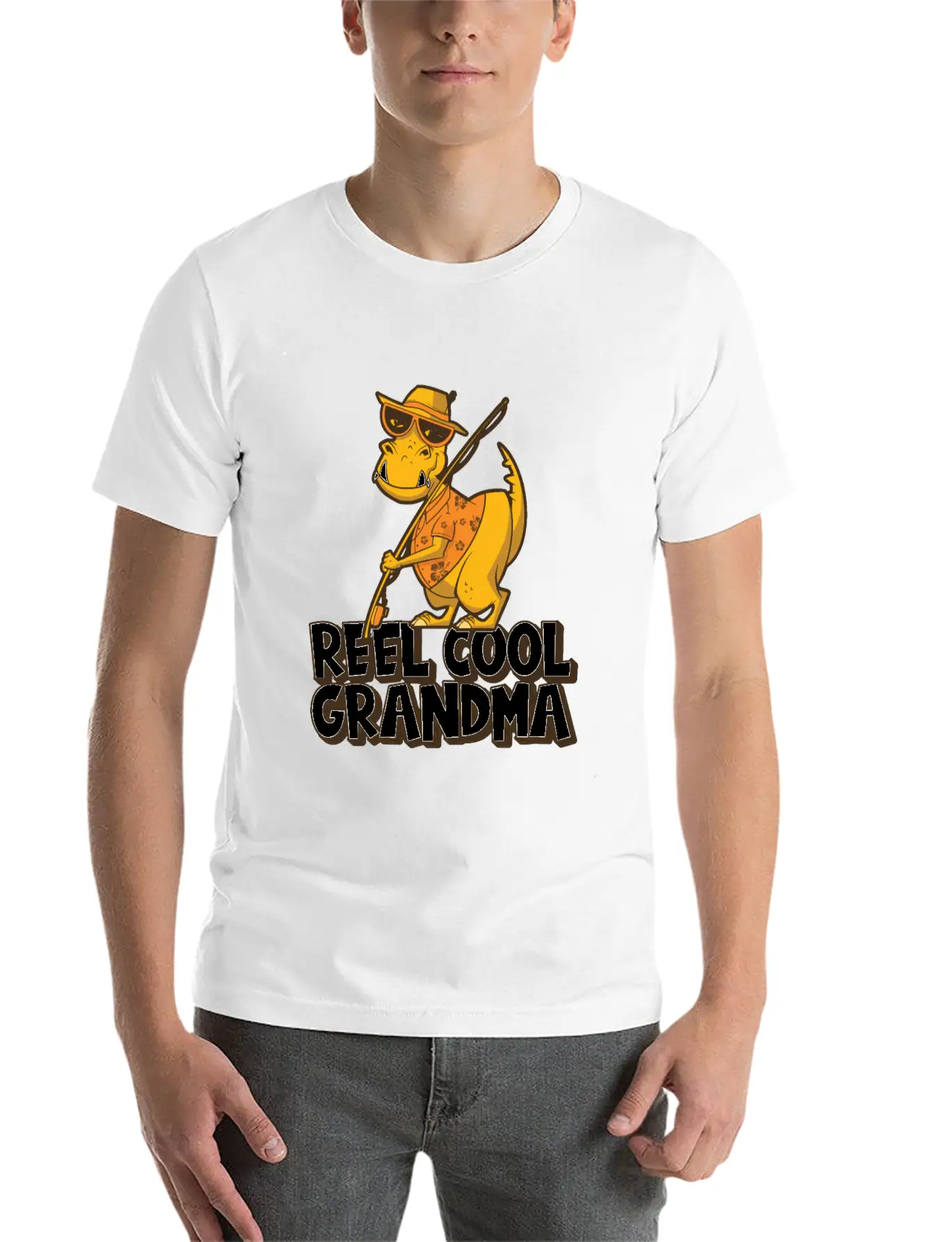 Reel Cool Grandma Grandchildren T Rex Fishing Boat Soft Cotton Short Sleeve Tee – Unisex Wardrobe Staple