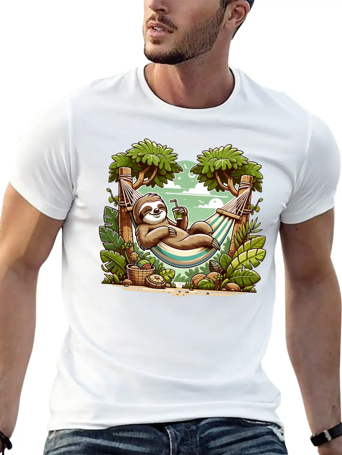 Relaxing Sloth In Hammock Under Palm Trees Relaxed Everyday Tee – Lightweight And Durable Cotton