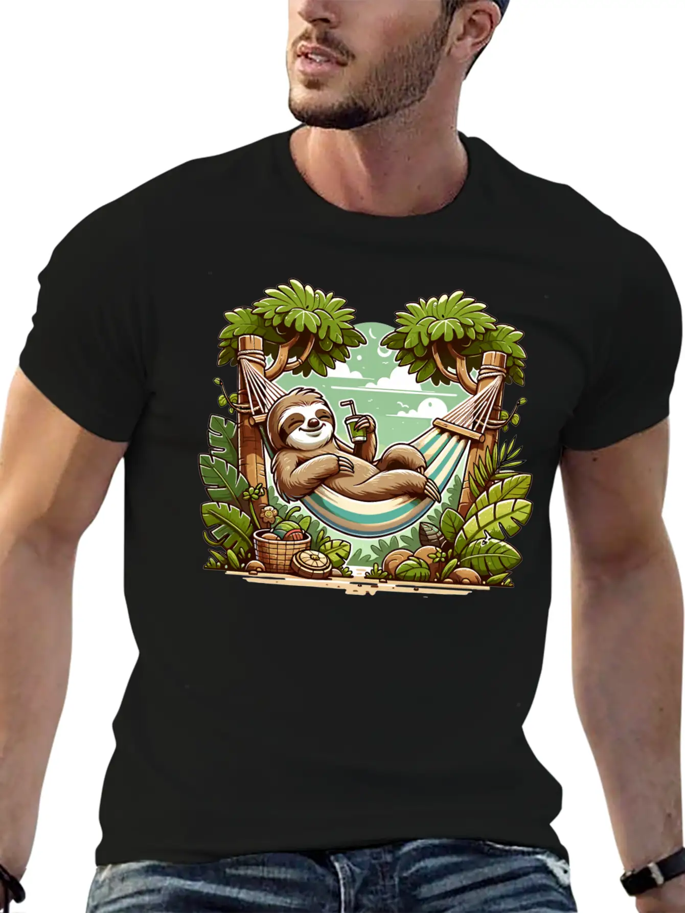 Relaxing Sloth In Hammock Under Palm Trees Relaxed Everyday Tee – Lightweight And Durable Cotton