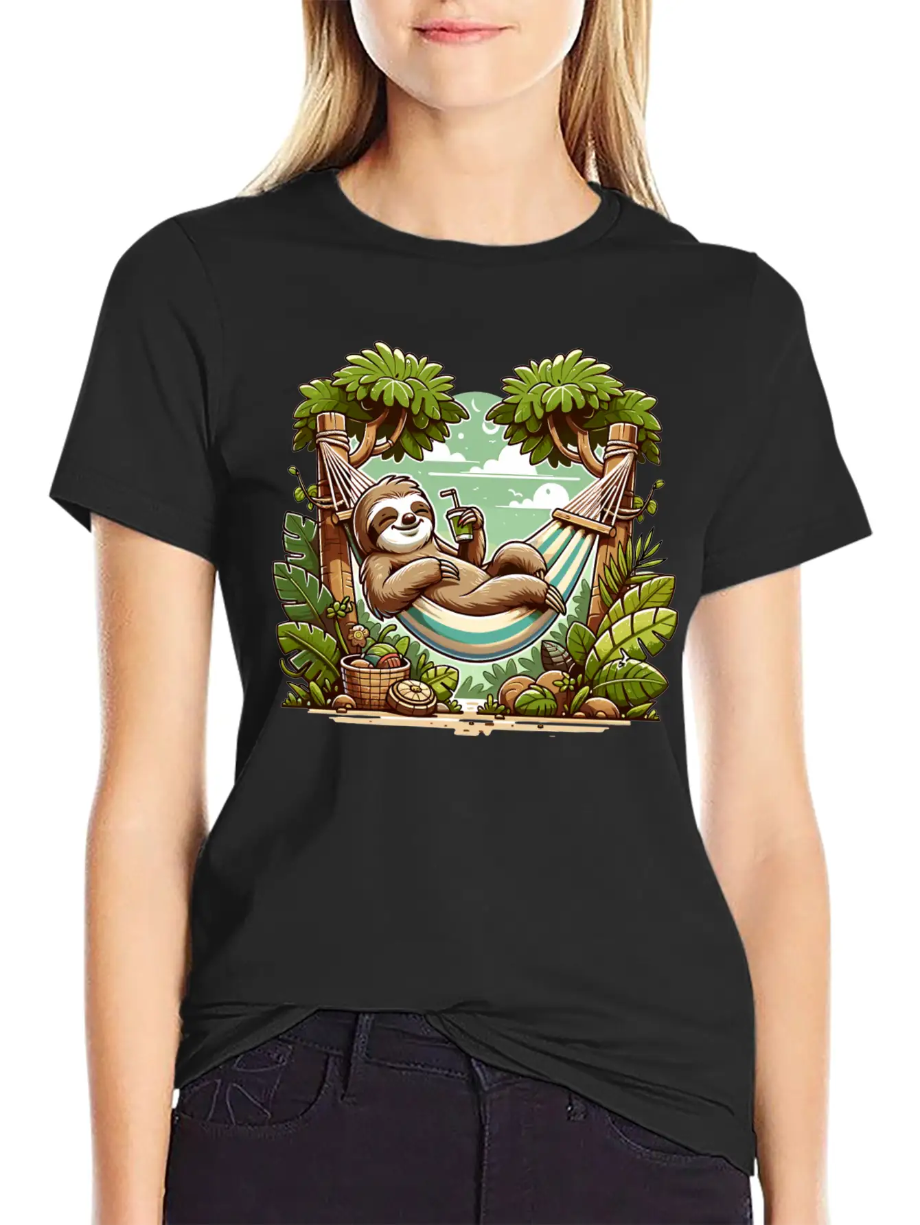 Relaxing Sloth In Hammock Under Palm Trees Relaxed Everyday Tee – Lightweight And Durable Cotton
