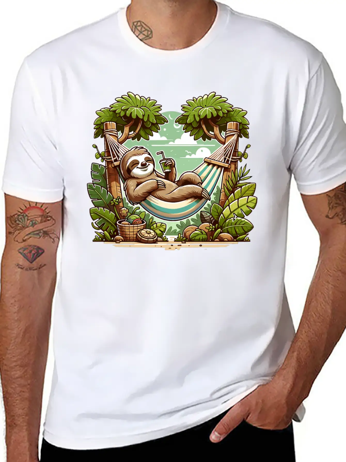 Relaxing Sloth In Hammock Under Palm Trees Relaxed Everyday Tee – Lightweight And Durable Cotton
