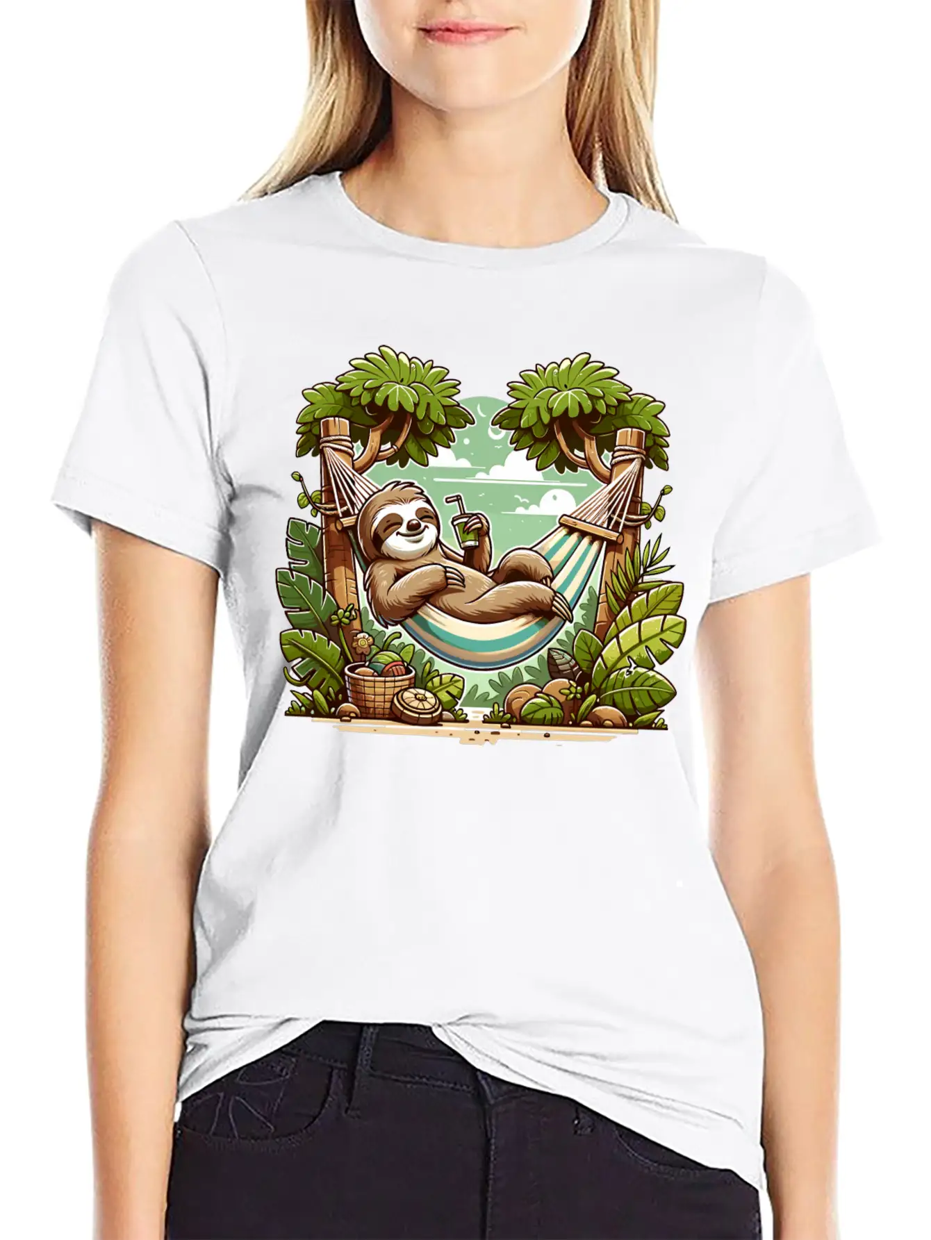 Relaxing Sloth In Hammock Under Palm Trees Relaxed Everyday Tee – Lightweight And Durable Cotton