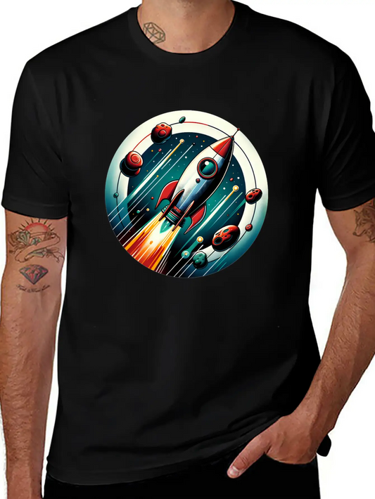 Retro Rocket And Planets Unisex Casual T-Shirt – Clean Design For Daily Comfort
