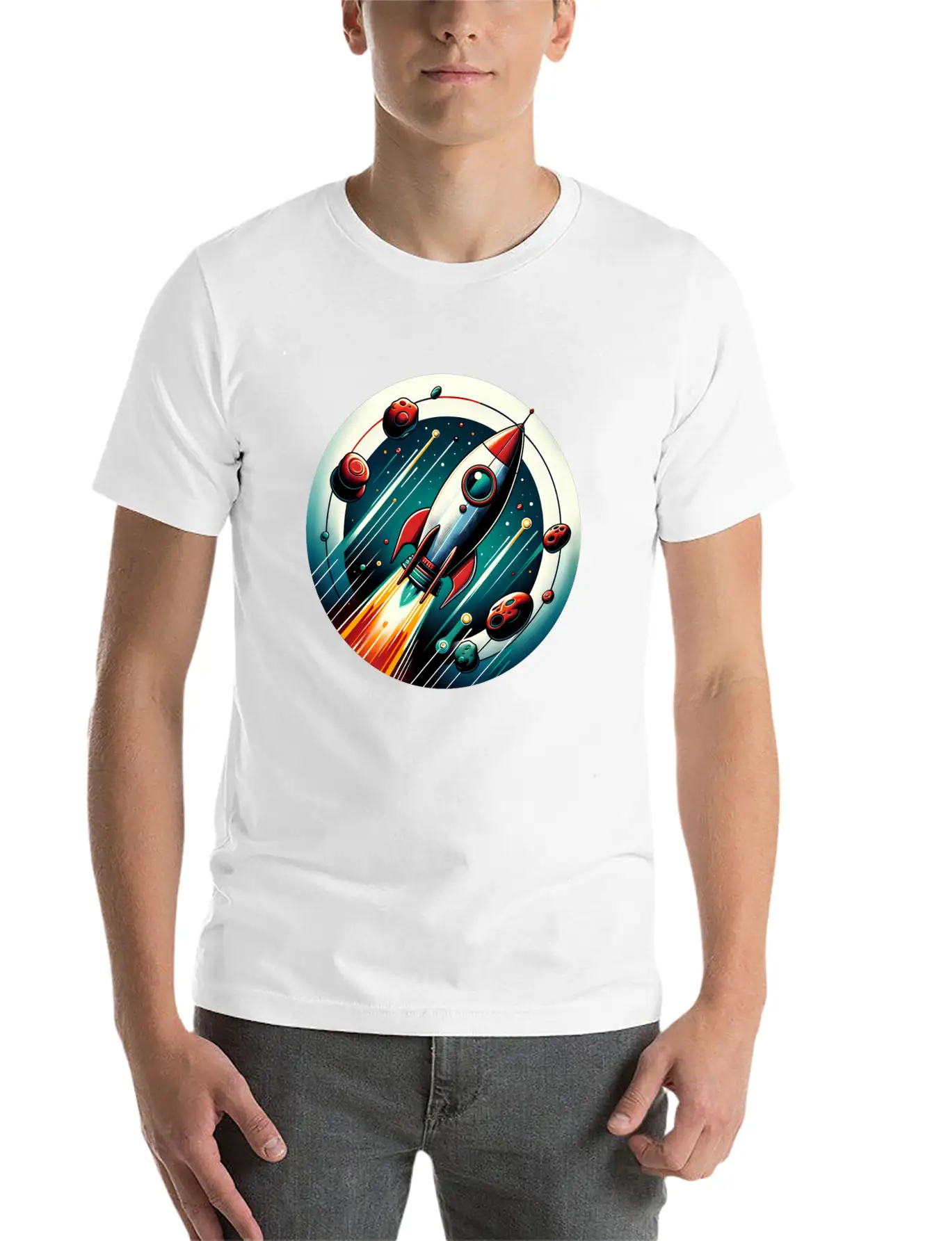 Retro Rocket And Planets Unisex Casual T-Shirt – Clean Design For Daily Comfort