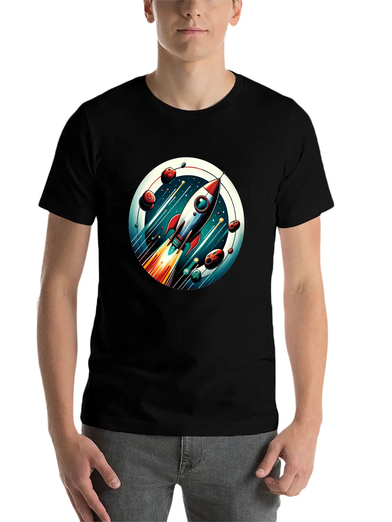 Retro Rocket And Planets Unisex Casual T-Shirt – Clean Design For Daily Comfort