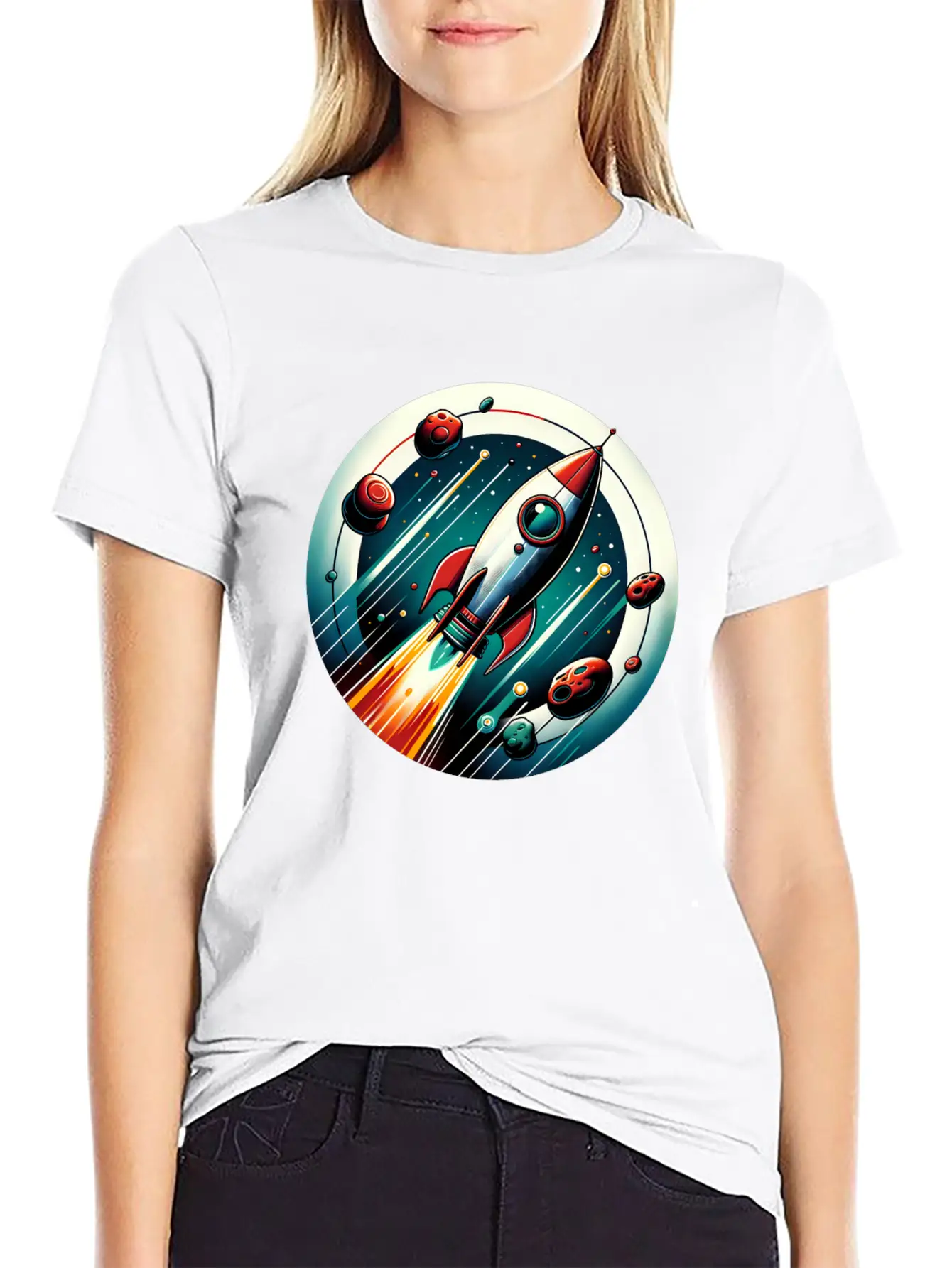 Retro Rocket And Planets Unisex Casual T-Shirt – Clean Design For Daily Comfort