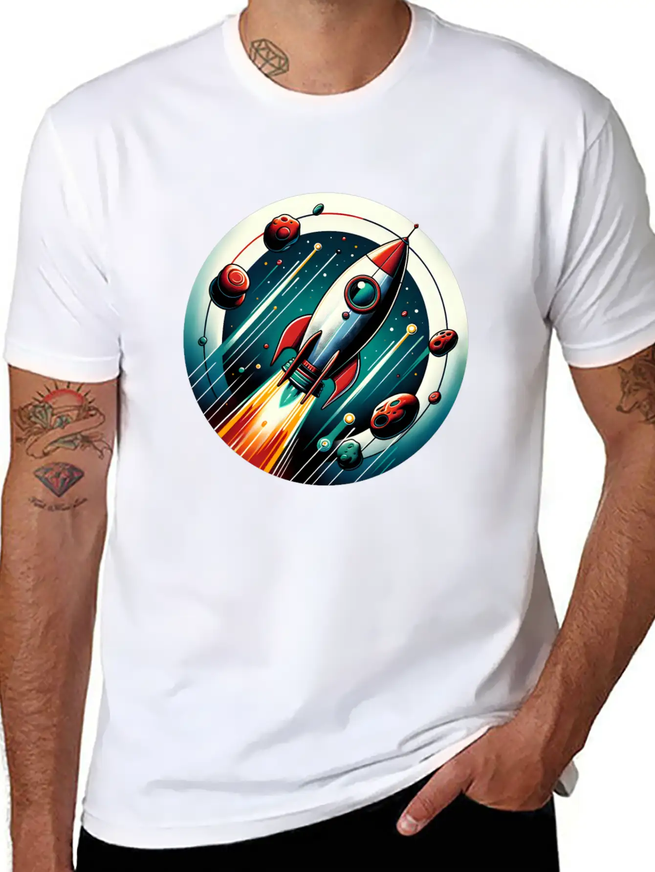 Retro Rocket And Planets Unisex Casual T-Shirt – Clean Design For Daily Comfort