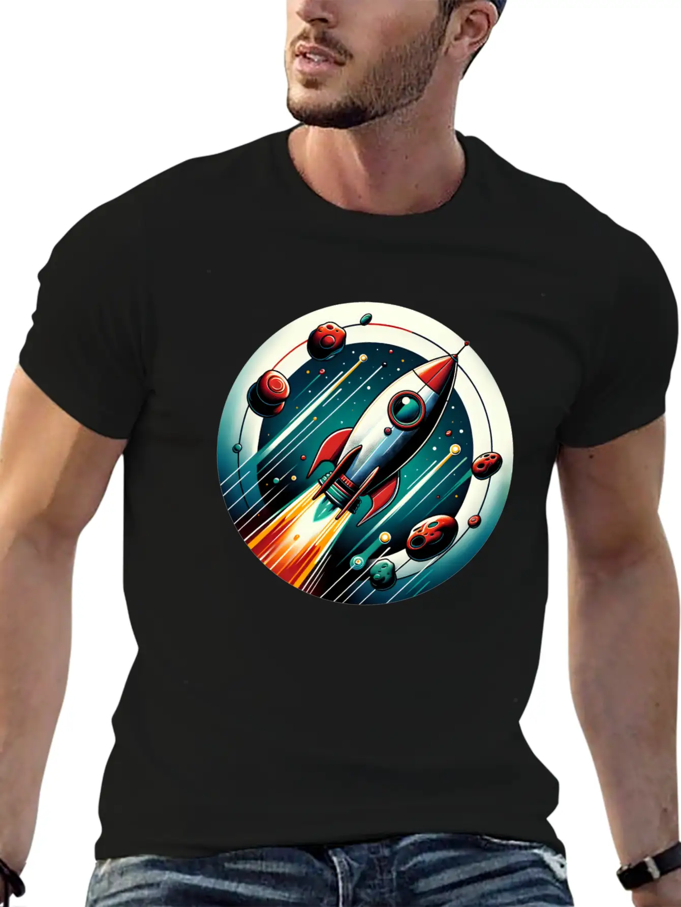 Retro Rocket And Planets Unisex Casual T-Shirt – Clean Design For Daily Comfort