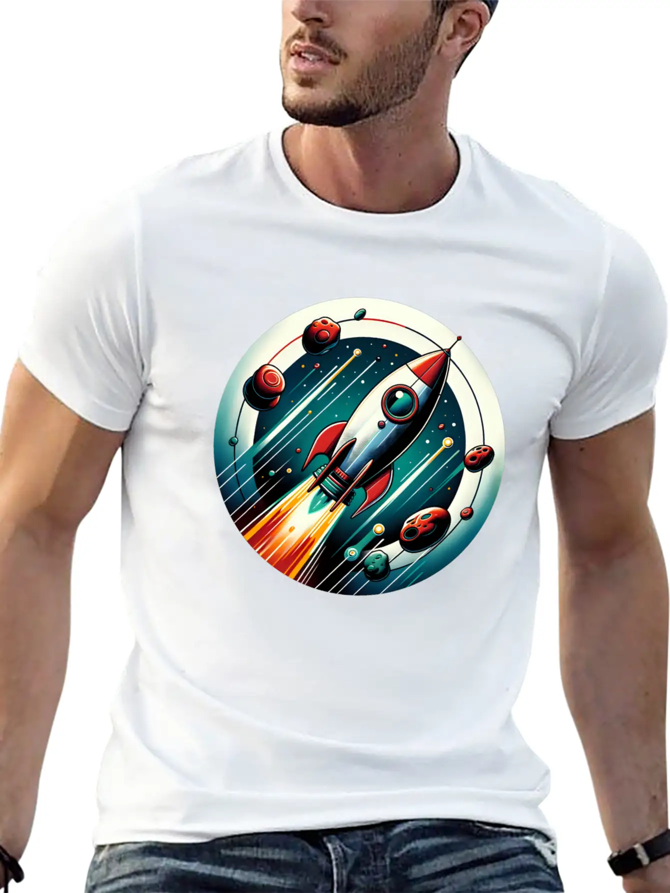 Retro Rocket And Planets Unisex Casual T-Shirt – Clean Design For Daily Comfort