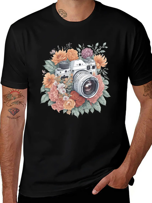 Retro Vintage Camera With Flowers Basic Graphic T-Shirt – Daily Comfort In Soft Cotton