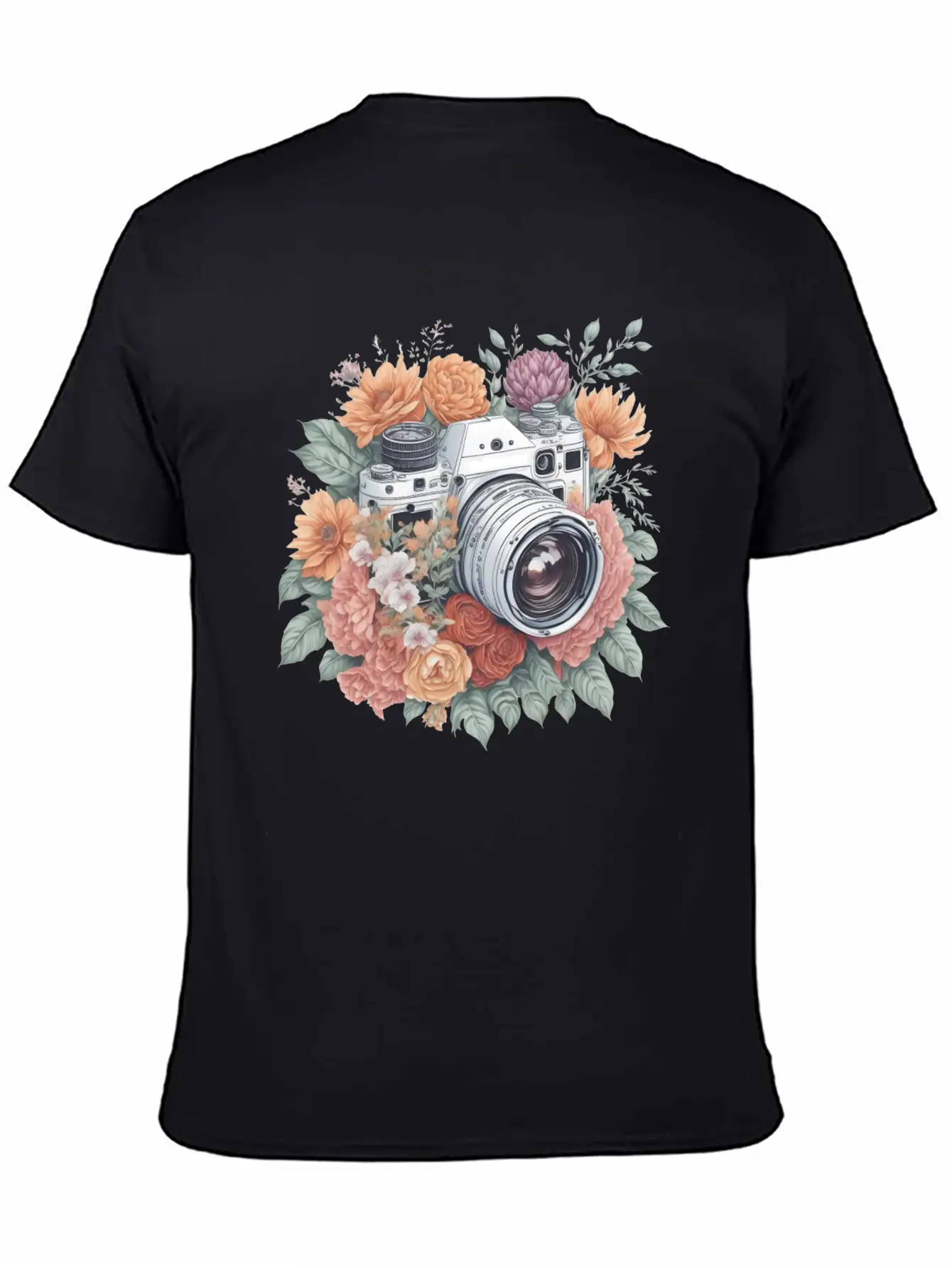 Retro Vintage Camera With Flowers Basic Graphic T-Shirt – Daily Comfort In Soft Cotton