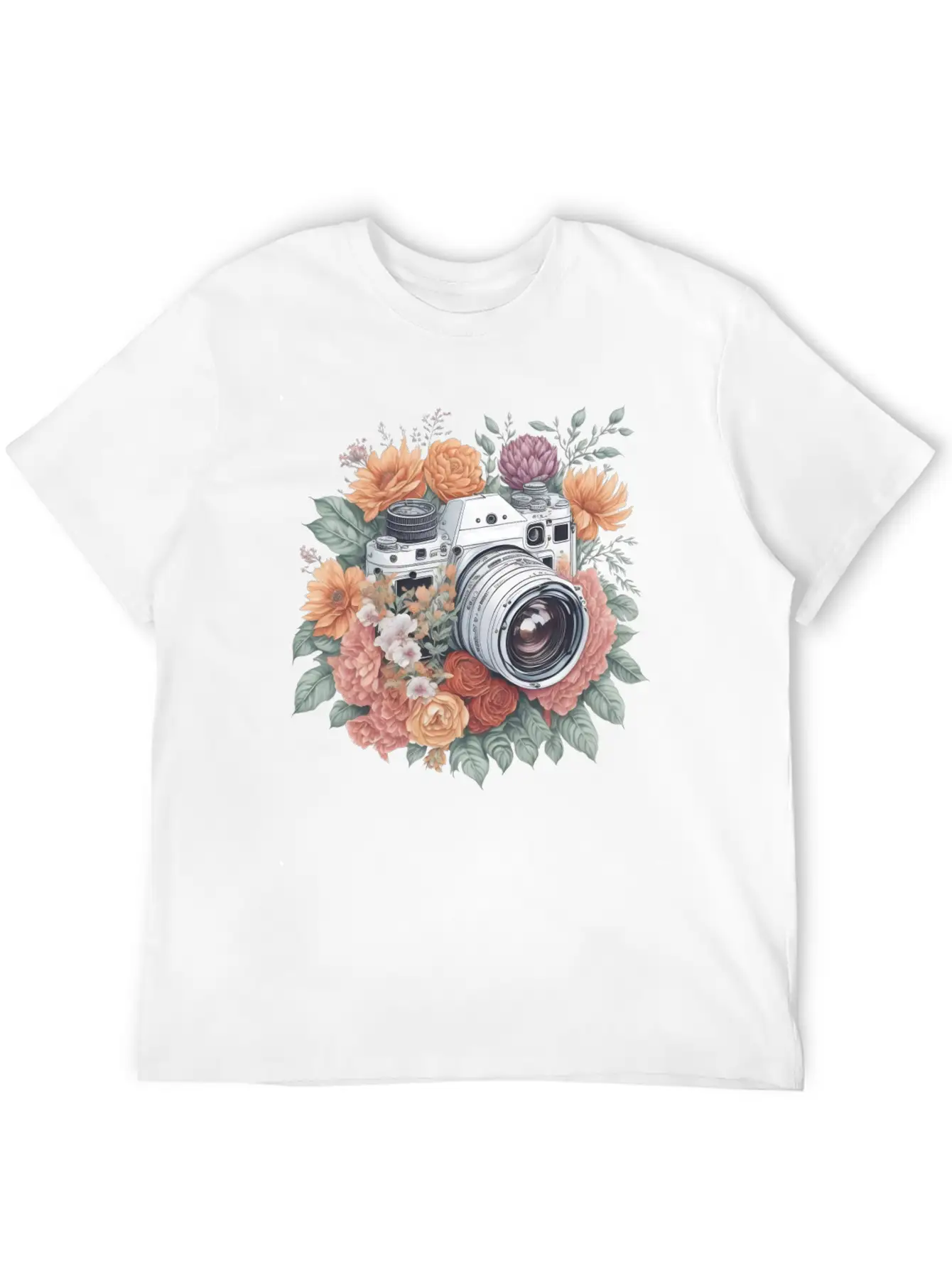 Retro Vintage Camera With Flowers Basic Graphic T-Shirt – Daily Comfort In Soft Cotton