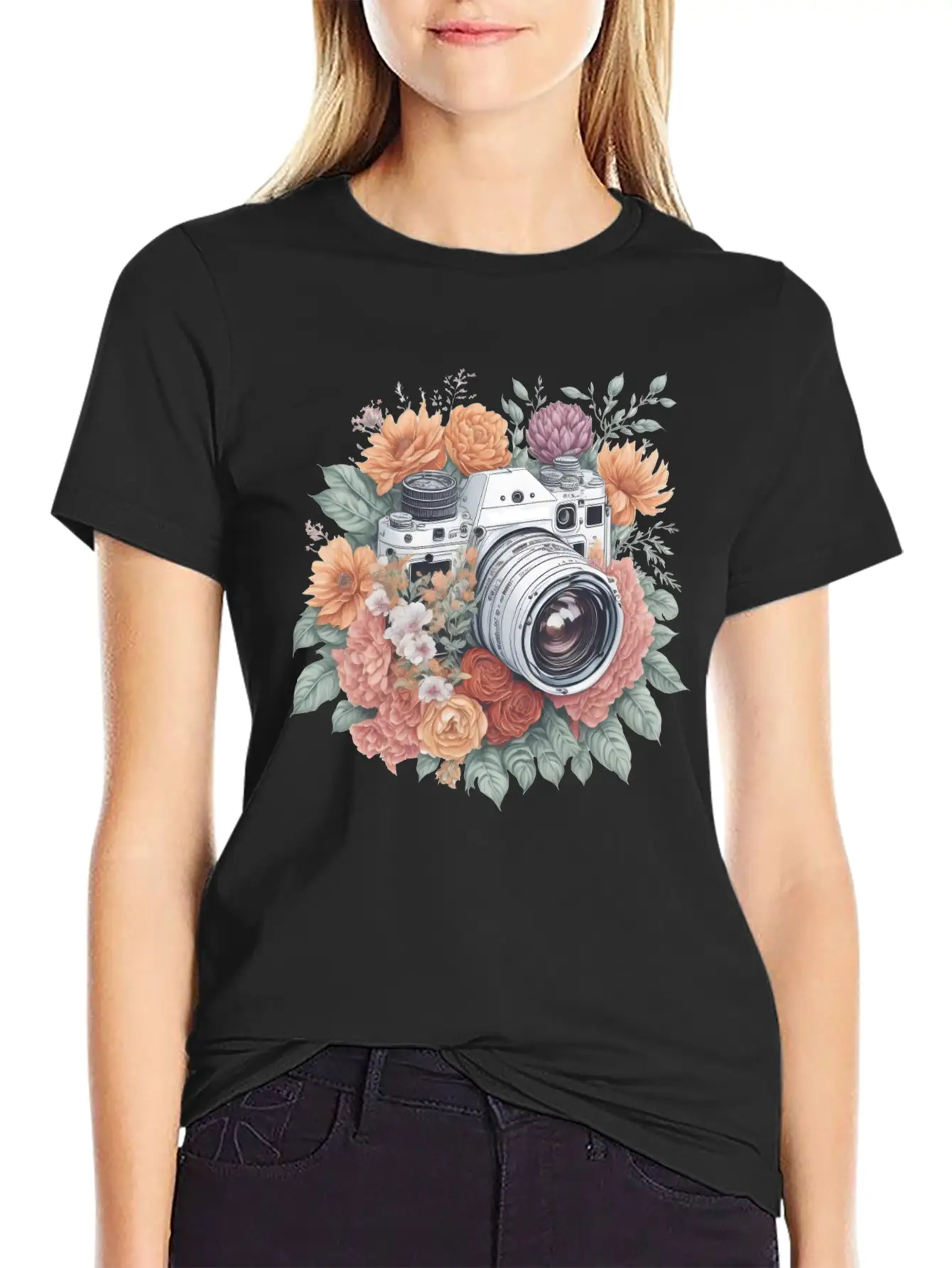 Retro Vintage Camera With Flowers Basic Graphic T-Shirt – Daily Comfort In Soft Cotton