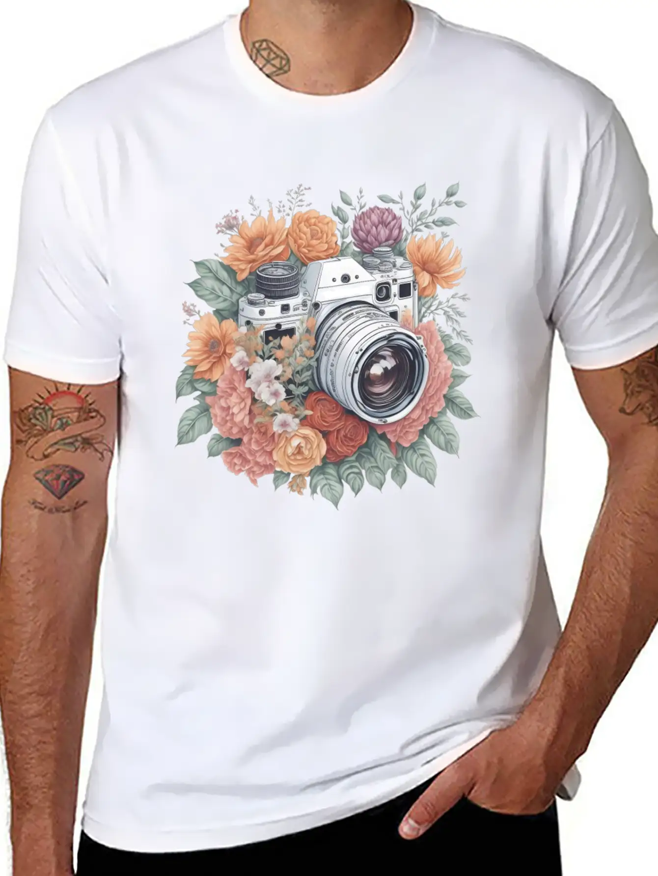 Retro Vintage Camera With Flowers Basic Graphic T-Shirt – Daily Comfort In Soft Cotton