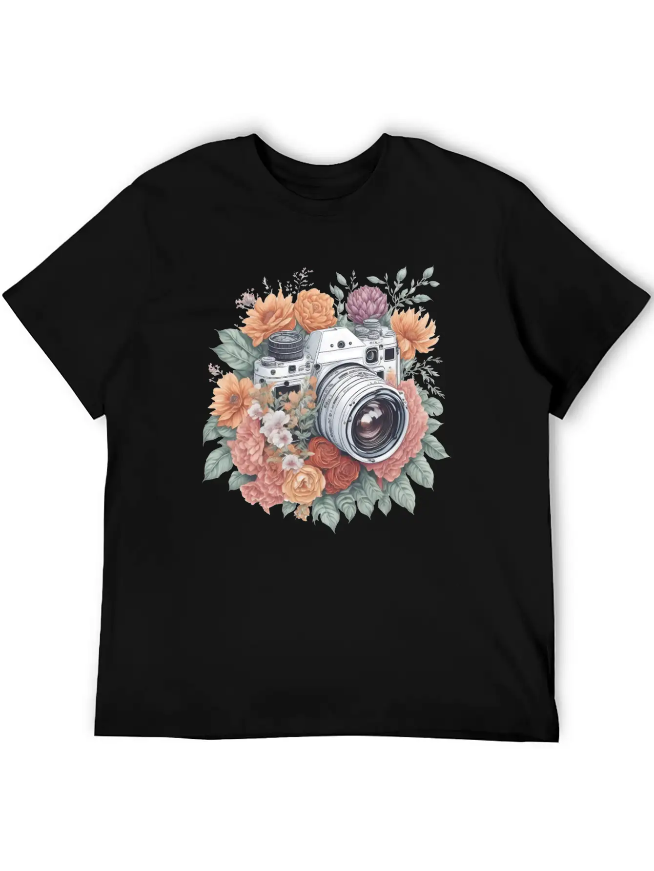 Retro Vintage Camera With Flowers Basic Graphic T-Shirt – Daily Comfort In Soft Cotton