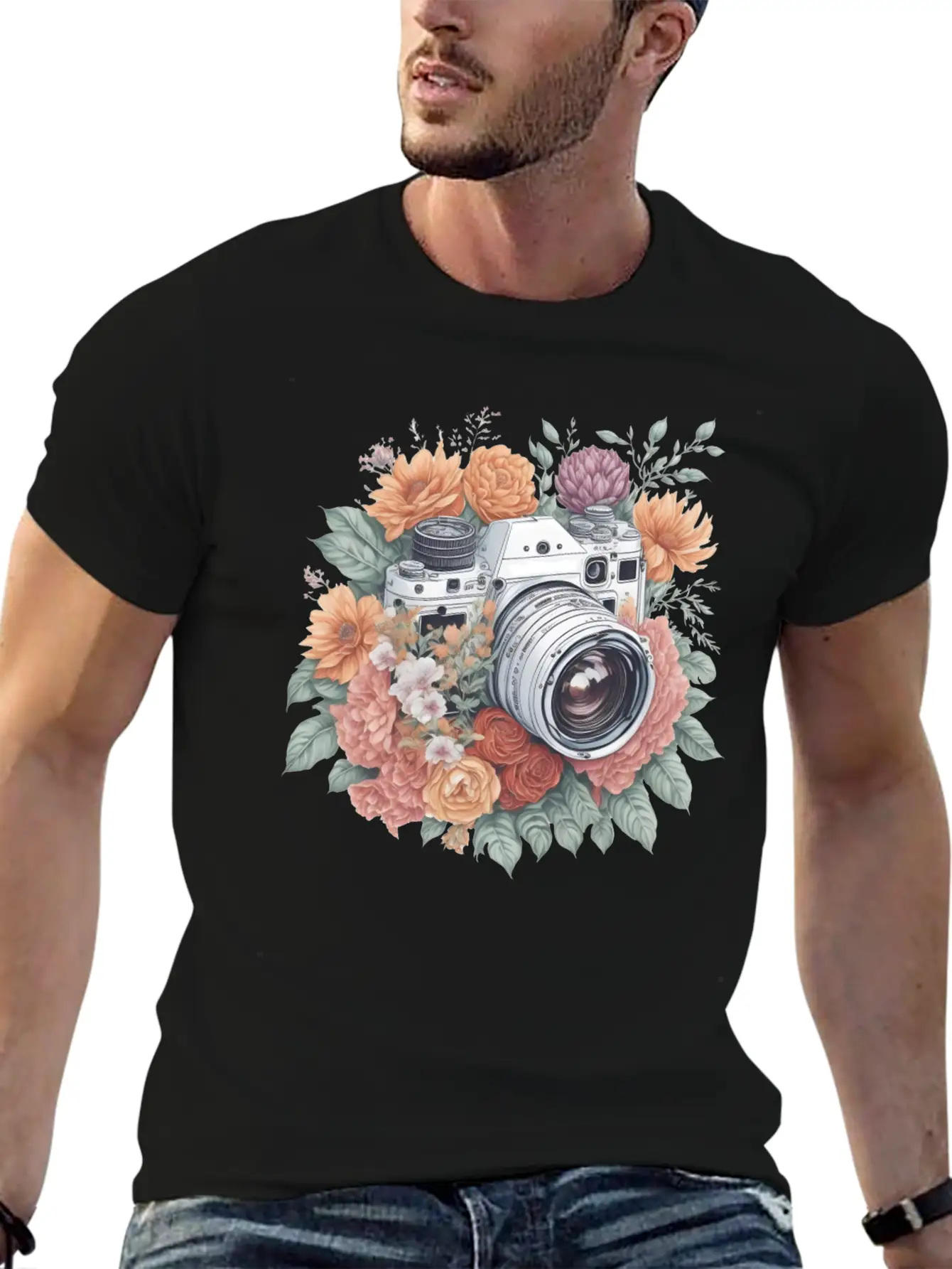 Retro Vintage Camera With Flowers Basic Graphic T-Shirt – Daily Comfort In Soft Cotton
