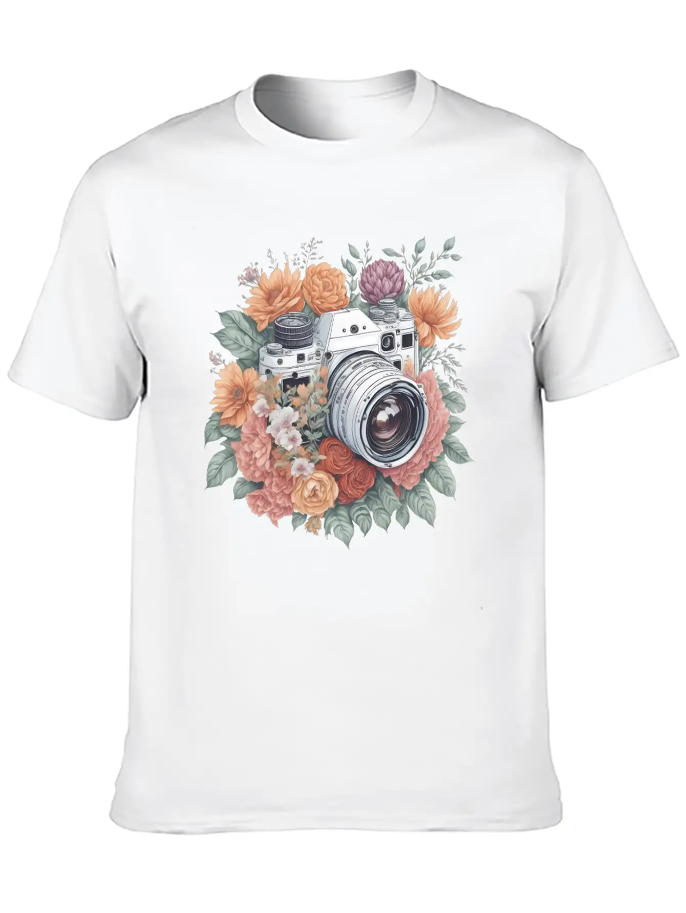 Retro Vintage Camera With Flowers Basic Graphic T-Shirt – Daily Comfort In Soft Cotton
