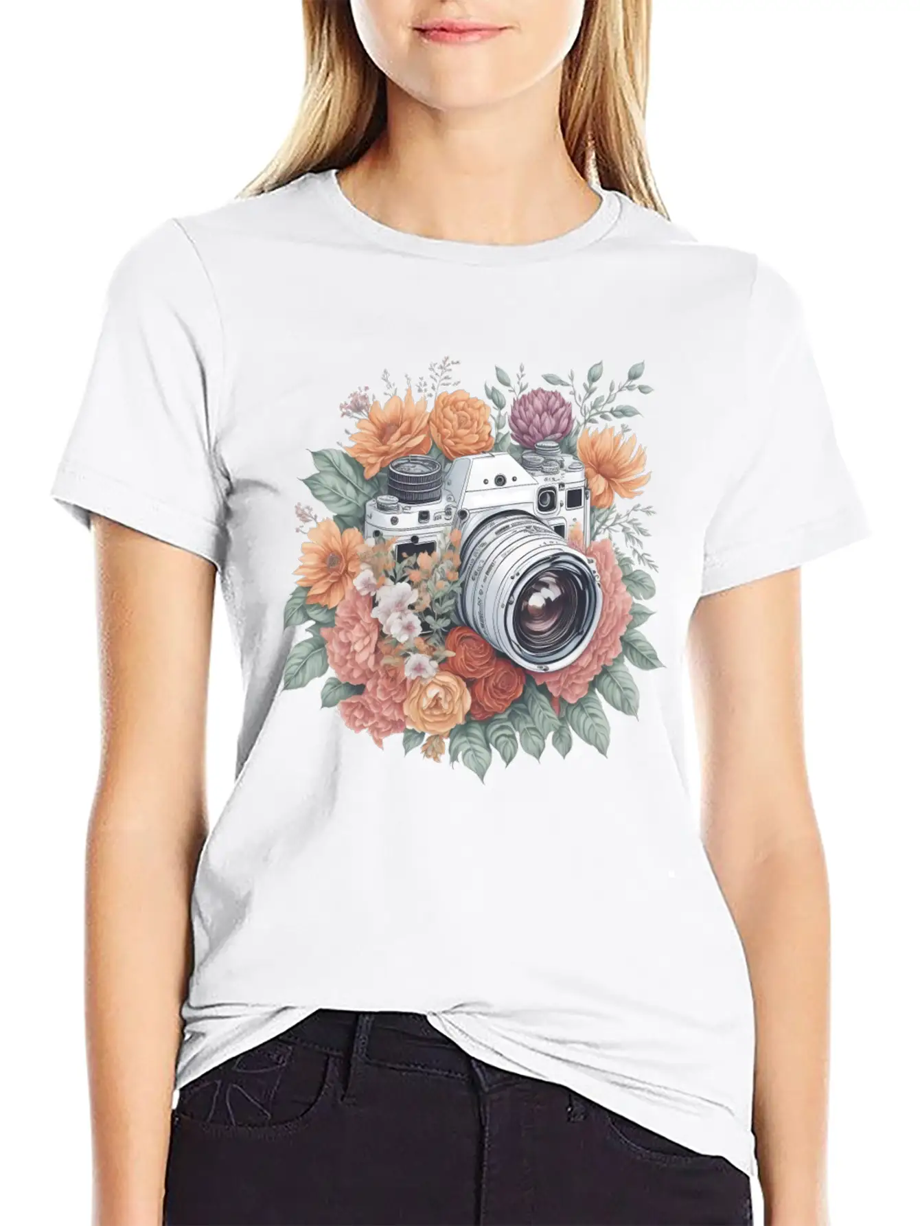 Retro Vintage Camera With Flowers Basic Graphic T-Shirt – Daily Comfort In Soft Cotton