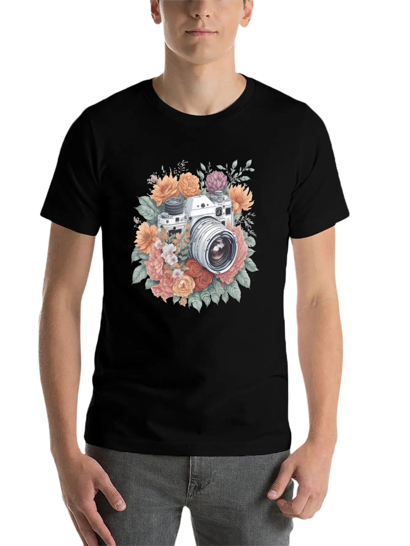 Retro Vintage Camera With Flowers Basic Graphic T-Shirt – Daily Comfort In Soft Cotton