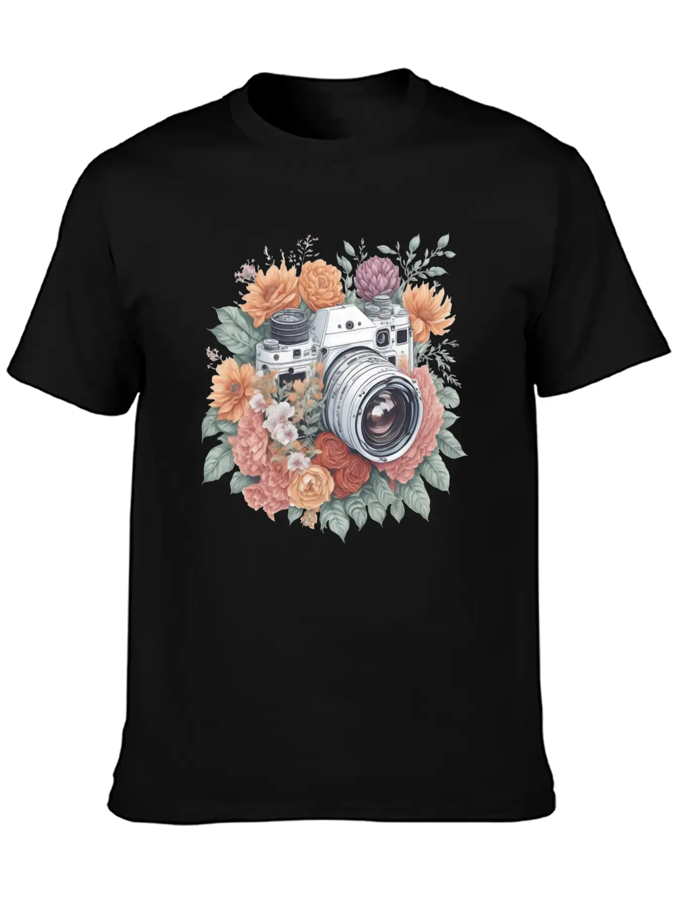 Retro Vintage Camera With Flowers Basic Graphic T-Shirt – Daily Comfort In Soft Cotton