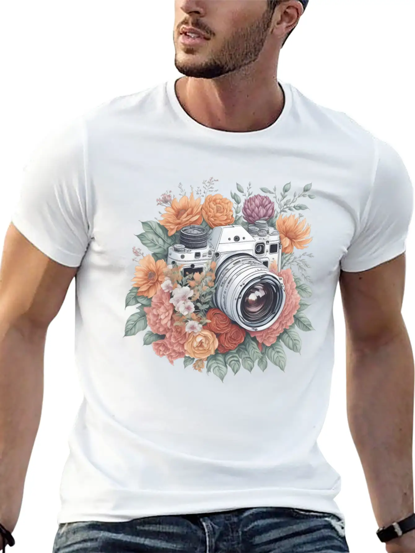Retro Vintage Camera With Flowers Basic Graphic T-Shirt – Daily Comfort In Soft Cotton