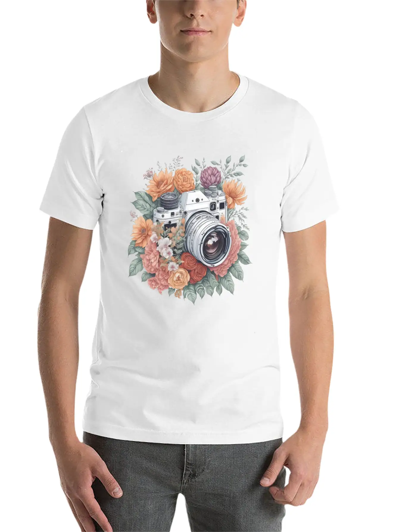Retro Vintage Camera With Flowers Basic Graphic T-Shirt – Daily Comfort In Soft Cotton
