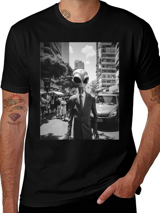 Alien in Suit Graphic Tee - Black Cotton T-Shirt