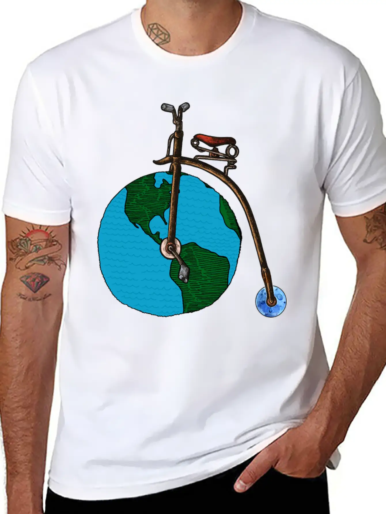 Save The Planet Earth Penny Farthing Bicycle Art Lightweight Cotton T-Shirt – Daily Comfort Graphic Shirt