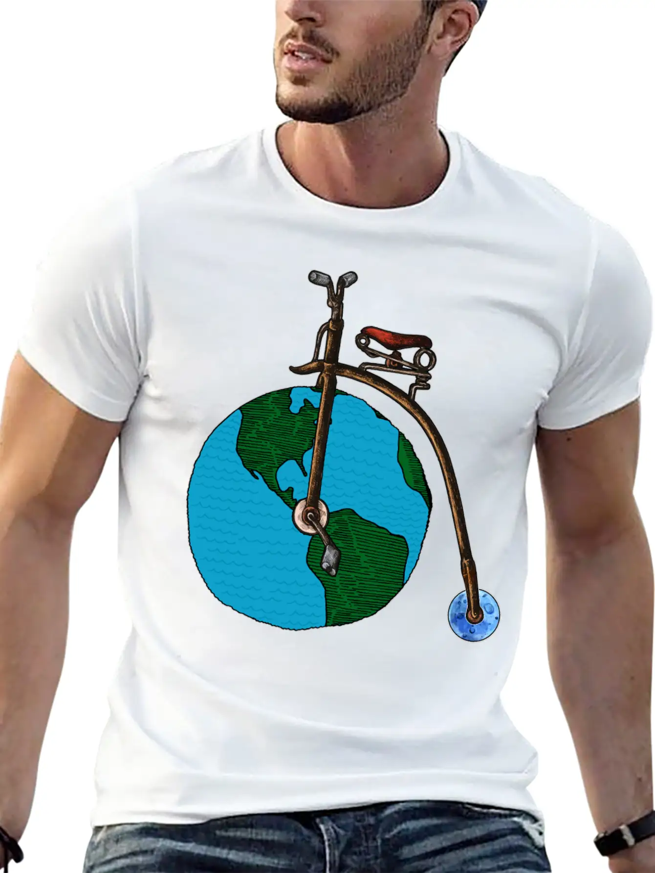 Save The Planet Earth Penny Farthing Bicycle Art Lightweight Cotton T-Shirt – Daily Comfort Graphic Shirt